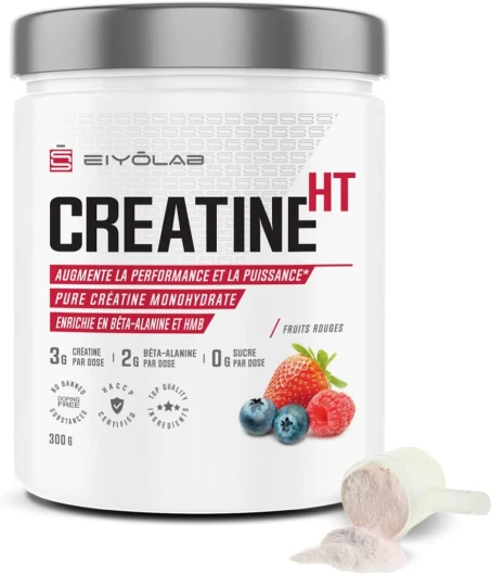 CREATINE HT - Créatine Monohydrate Pure en Poudre - Enrichie en Bêta-Alanine et HMB - Booster de Performances Musculaires - Sans Additifs - Mélange Facile Saveur Fruits Rouges - 300g - Eiyolab