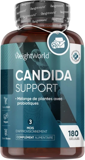 Candida Support 180 Gélules Vegan Pour 3 Mois, 400 Millions d'UFC, Lactobacillus Acidophilus Avec Probiotique Flore Intime, Aloe Vera, Zinc, Acide Caprylique, Ail - Équilibre des Candida Albicans