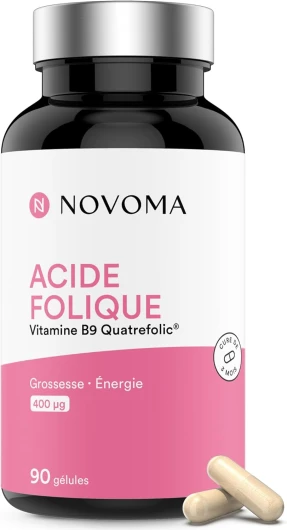 Acide Folique 400 µg, Vitamine B9 Quatrefolic®, Conception & Début de Grossesse, Complément Alimentaire Femme Enceinte, Cure de 3 mois, 90 Gélules, Fabriqué en France