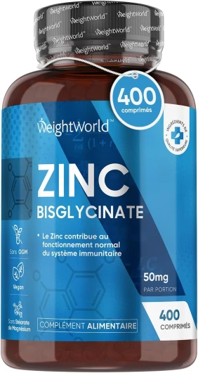 Zinc Bisglycinate 400 Comprimés Vegan - 1 Comprimé Tous Les 2 Jours Soit 12,5 mg/Jour - Os, Peau, Cheveux, Ongles (EFSA) - Zinc Complement Alimentaire Pour Homme & Femme Haute Biodisponibilité