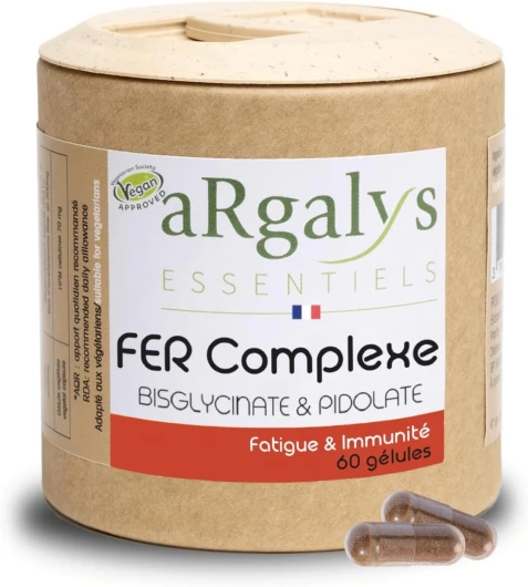 Fer Bisglycinate et Pidolate 14 mg - Vitamine C Bio, B9 et Carotte Bio - Haute Absorption - 60 gélules 2 mois - 100% des besoins - Absorption + Anti-fatigue + Energie - Vegan - Argalys