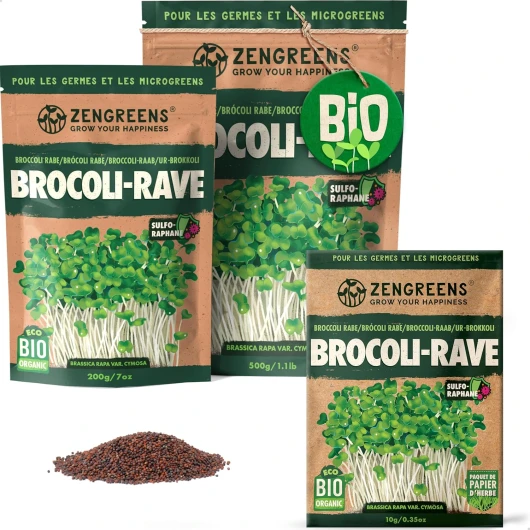 ZenGreens® - Graines de brocoli bio - Choisissez entre 10g, 200g et 500g - Graines de brocoli avec un taux de germination supérieur à 97% - Microgreens 200 g (Lot de 1) Graines de brocoli bio