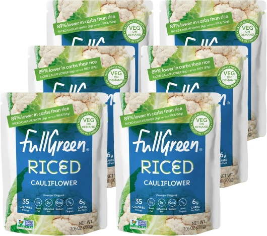 Fullgreen, Chou-fleur riz – 100 % chou-fleur, 89 % de glucides en moins que le riz – Parfait pour les régimes céto, sans OGM, stable à conserver sans conservateurs – Boîte de 6 sachets