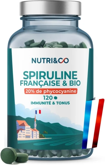 NUTRI & CO Spiruline BIO 100% Française - Cultivée en Provence - 20% de Phycocyanine - Riche en Protéines Vitamine B12 & Antioxydant - 120 comprimés de 500 mg Vegan Sans Excipients