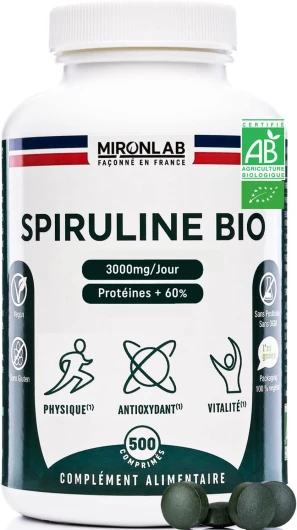 Spiruline BIO - 500 comprimés - Dosage élevé : 3000mg - Certifié AB Ecocert - Riche en Protéines 60%, antioxydant, phycocyanine, vitamines - 3 mois de cure - Laboratoire Français MIRONLAB