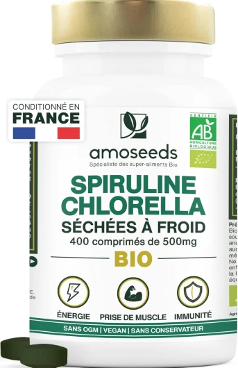 Spiruline et Chlorella BIO - 400 comprimés vegan de 500mg - 4500mg par jour - 17% Phycocyanine, Séchées à Froid - Détox, Anti-fatigue, Antioxydant - Qualité Supérieure