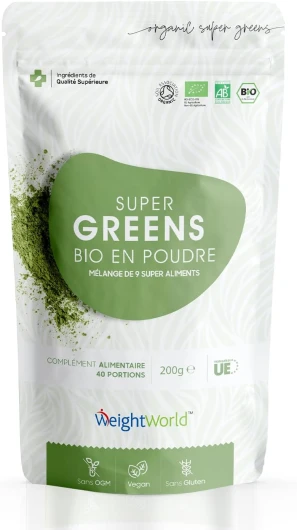 Super Greens en Poudre Bio 200g 40 Portions - 9 Super Aliments Riche en Vitamines & Minéraux - Poudre de Maca, Guarana, Matcha Bio, Chlorella Chlorophylle, Baobab, Herbe de Blé, Acai, Orge, Lin