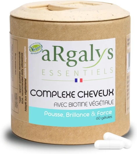 Complément Alimentaire Cheveux - Biotine BIO Vitamine B8 - Pousse Croissance Brillance - Anti Chute - Millet, Zinc, Levure de Bière - Peau et Ongles - Vegan - Fabrication Française - Argalys