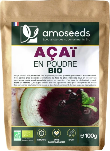 Açaï en Poudre Bio 100G - Antioxydant, Vitalité - Qualité Supérieure, Sans sucre ajouté