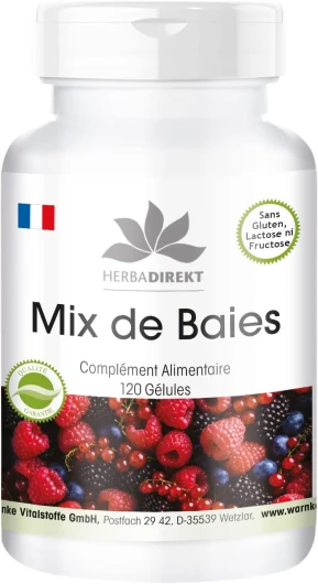 Mix de Baies - avec concorde, mures, sureau, framboise, myrtille, cassis, groseille rouge, canneberge et spiruline - 120 gélules - Herba Direkt - Qualité des pharmacies allemandes