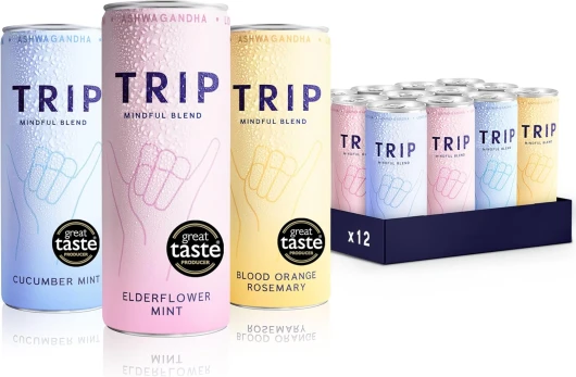 TRIP Mindful Blends - Multipack de boissons pétillantes (x4 Fleur de Sureau Menthe, x4 Orange Sanguine Romarin, x4 Concombre Menthe) - (pack de 12 x 250ml)