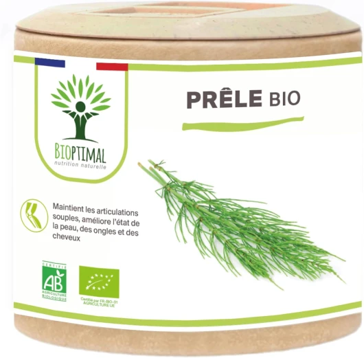 Prêle bio - Silicium Organique - Complément alimentaire Bioptimal - Prêle des champs en gélule de 300 mg - Articulation Diurétique Peau Cheveux - Fabriqué en France - Certifié par Ecocert - 60 gélules