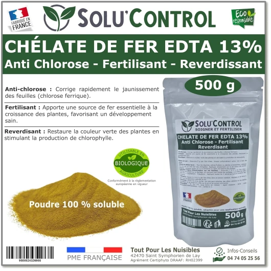 Solu'Control Chélate de Fer EDTA 13%, Anti-chlorose, Fertilisant, Reverdissant, 500g