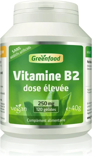 Vitamine B2 (riboflavine), 250 mg, dose élevée, 120 gélules - Sans additifs artificiels - Sans génie génétique - Vegan.