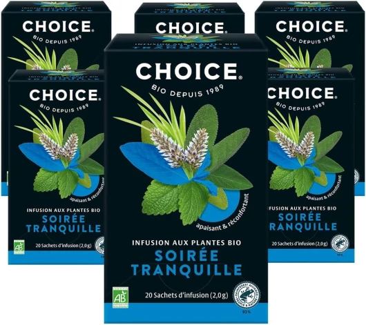 CHOICE - Soirée Tranquille, Infusion aux Plantes, 100% Bio, Apaisant & Réconfortant, récolté à la main, 120 (6x20) Sachets de Thé thermosoudés et sans Agrafe