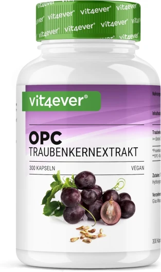 OPC Extrait de pépins de raisin - 300 capsules - 1000 mg d'extrait pur par dose quotidienne - OPC premium issu de raisins européens - Teneur en OPC testée en laboratoire - Végétalien - Fortement dosé