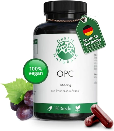 OPC extrait de pépins de raisin - 1250 mg d'extrait et 1000 mg d'OPC par dose quotidienne - 200 gélules haute concentration pour 3 mois - végane, fabriqué en Allemagne - Green Naturals®