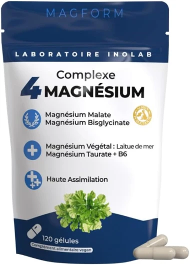 INOLAB SYNERGIE 4 MAGNESIUM Bisglycinate + Malate + Végétal bio + chélaté Taurine- 1980mg/jour & B6 - 300mg Mg pur/jour -Tolérance et Assimilation supérieures au Mg Marin - Qualité Premium