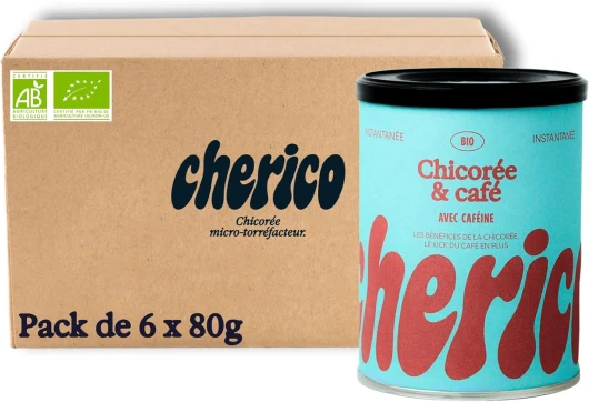 Chicorée soluble bio avec café – Pack de 6 x 80g - Chicorée bio avec caféine - Riche en fibres - Chicorée d'origine végétale - Notes corsées et caramel – Sans Sucre - CHERICO