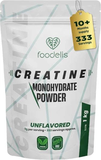 Foodelis Creatine Monohydrate en poudre 100% - 1kg/333 doses - Pura, sans additifs - Non aromatisée - Améliore les performances physiques et la force musculaire - Inclut un doseur - Haute solubilité