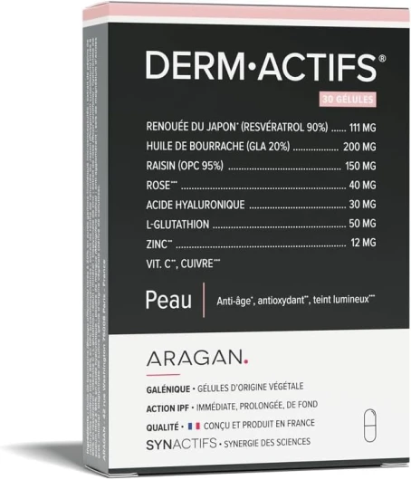 Synactifs - Dermactifs - Complément Alimentaire Anti-âge, Antioxydant, Teint - Huile de Bourrache, Rose, Zinc, Renouée du Japon - 30 gélules - 15 jours à 1 mois de prise - Fabriqué en France