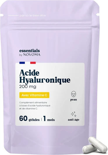 Acide Hyaluronique Pur, 60 Gélules Vegan, Action Anti-Âge + Anti-Rides, 800-900 kDa, Cure de 1 mois, Hydratation de la Peau, Avec Vitamine C, Fabriqué en France, Essentials by NOVOMA