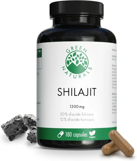 Shilajit Original Himalaya - IMPORTANT: 13.000 mg de shilajit par dose journalière (extrait 10:1) +50% d'acide fulvique +12% d'acide humique - 3 mois de réserve (180 gélules) - Green Naturals®