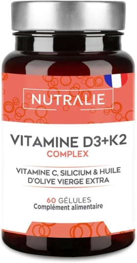 Vitamine D3 K2 (MK7) Haute Dose 10000 UI - Vit C + Huile d'Olive - 20 Mois Traitement - Os Muscles Système Immunitaire - Vitamine D BIO-disponible avec Vitamine K2 C et Silicium - 60 Gélules NUTRALIE