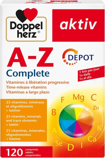 Aktiv A-Z Complete Depot, Complément alimentaire, Vitamines à libération progressive, calcium, magnésium, fer, zinc, biotine, acide folique, 120 comprimés