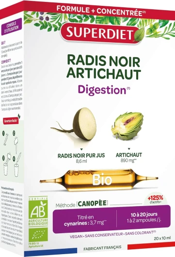 RADIS NOIR - ARTICHAUT BIO - Transit & Digestion Facile - Fabrication France - 20 ampoules de 10ml