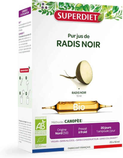 PUR JUS DE RADIS NOIR BIO - Pressé à froid - Fabrication Hauts-de-France - Phytothérapie - 20 ampoules de 10 ml