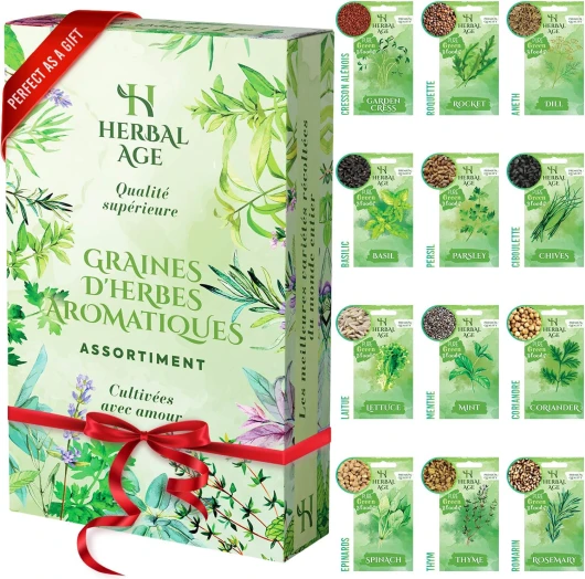 12 Variétés de Plantes d'Herbes, 8700 Graines d'Herbes, Idée Cadeau Homme et Femme, Kit de Jardinieres Exterieur Pour Adultes, Enfants, Débutants, Menthe, Persil, Basilic, Romarin