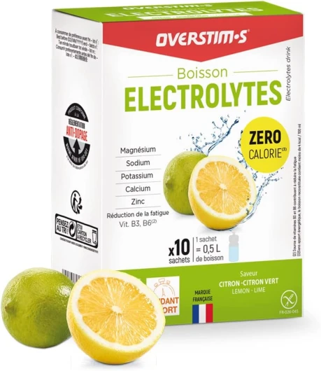 Overstim.s - Boisson Electrolytes (10 Sachets) - Zéro Calorie – 4 électrolytes (Sodium, Calcium, Magnésium, Potassium) -5 Vitamines (B1, B2, B3, B6, C) - Citron Citron-vert