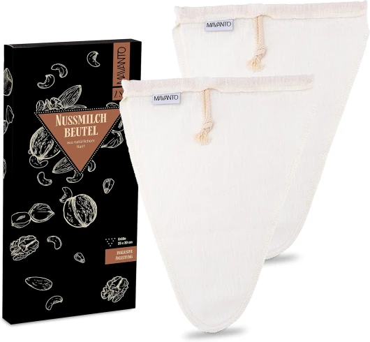 MAVANTO® Sac à lait végétal en chanvre 25 x 30 cm pour le lait d'amande, le lait d'avoine, le lait de noisette et les jus de fruits faits maison - réutilisable et lavable (Forme en V, 2x pièce)