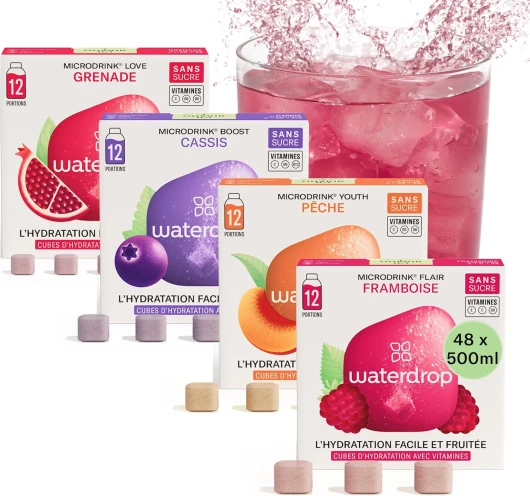 Waterdrop® Coffret Microdrink - 48 waterdrop boisson en cube effervescente en 4 saveurs - Extraits naturels de fruits et de plantes - Avec vitamines - Boisson sans sucre - Eau aromatisée en pastille Coffret Microdrink FLAIR