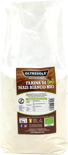 Oltresole, Farine de maïs blanc biologique italienne 1 Kg, Sans gluten, Sans OGM, 100% Made in Italy, Idéale pour la polenta, le pain et les sucreries, Parfaite pour les coeliaques et les végétaliens