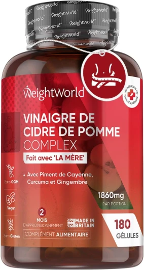 Vinaigre de Cidre de Pomme Premium 1027 mg - 180 gélules Vegan WeightWorld (3mois) - Complexe avec du Piment de Cayenne, Curcuma et Gingembre - Apple