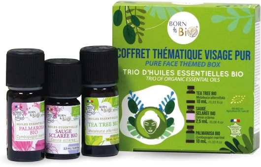 Coffret Huiles Essentielles - Thématique Visage Pur - Trio d'Huiles Essentielles BIO - Propriétés Purifiantes - Tea Tree, Sauge Sclarée et Palmarosa