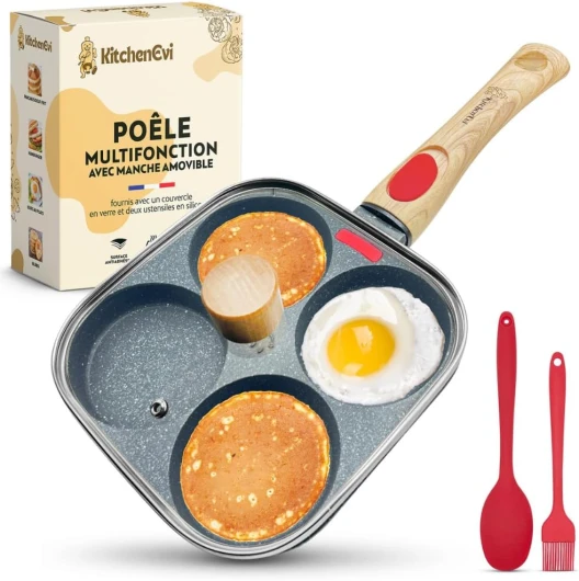 KitchenEvi Poele a Pancakes à Induction avec Manche Amovible, Couvercle en Verre robuste et Spatules - Poele induction Multifonctions pour Oeufs et Pancake - Poele a crepe et poele a oeuf antiadhésive