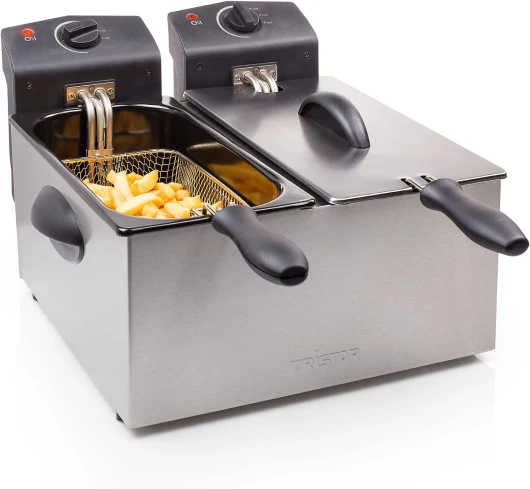 Friteuse à double cuve FR-6937-2 x 3 L - 1,2 kg de frites - Thermostats réglables et indépendants - Zone froide, Acier inoxydable 2 x 3 L Couvercles sans fenêtre