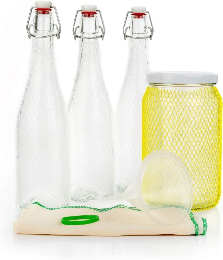 Kit Préparation Boissons Probiotiques - Set de Fermentation pour Bière, Kefir - Grands Bocaux en Verre de 2L, 3 Bouteille de 750ml avec Joint Hermétique, Entonnoir 10cm, Tissu Mousseline