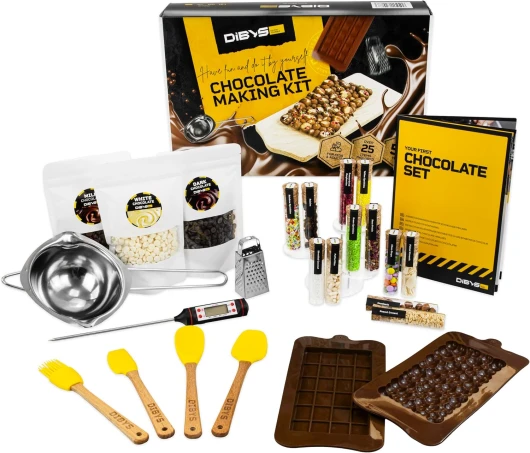 DIBYS Kit DIY Chocolat à faire soi-même - Coffret de Chocolat avec ingrédients naturels et 12 garnitures - Idée cadeau pour enfants & adultes - Idéal pour les anniversaires & Noël - Kit cuisine Set de chocolat