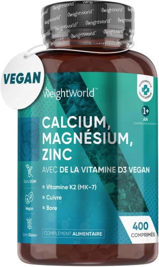 Calcium Magnésium Zinc Vitamine D3 K2 (MK7) 400 Comprimés Vegan (+1 An) Aavec Cuivre, Sélénium, Manganèse, Bore - Haute Absorption Multivitamines et Minéraux Immunité, Os, Peau, Muscles, Cheveux