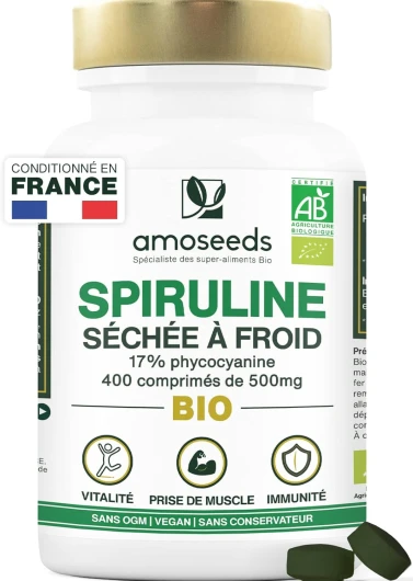 Spiruline BIO Extra Forte - 400 comprimés vegan de 500mg - Jusqu'à 19% Phycocyanine, Séchée à froid - 4500mg par jour - Vitamines, Réduit la Fatigue, Immunité - Qualité Supérieure