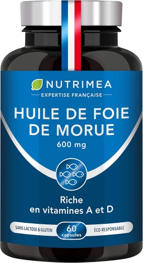 Huile de Foie de Morue - 600 mg - 100% des Besoins en Vitamines A et D - Immunité - Santé de la Peau - Capital Osseux - Qualité Premium - 60 Capsules - Nutrimea - Fabriqué en France