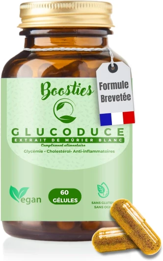 MORUS ALBA - Glucoduce – Reducose® (Extrait de mûrier blanc) 750mg – Poids – Réduit le niveau de glucose dans le sang – Réduit cholestérol- Réguler l’appétit- 60 Gélules Végane – Boosties