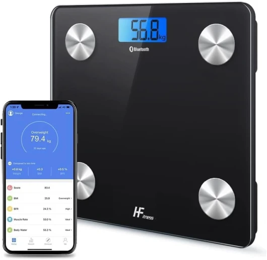 HF 19x Indices de composition corporelle balance pese personne 28x28cm de Graisse iOS et Android App Numérique Intelligente Mesureur de Poids Corporel IMC Bluetooth Noir Noir avec rétroéclairage bleu