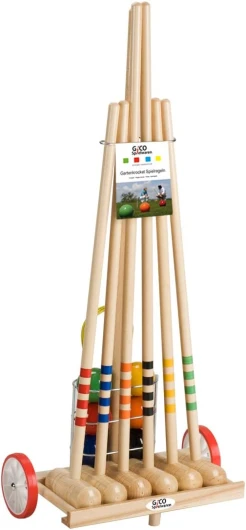 GICO Jeu de Croquet de qualité en Chariot en Bois Famille - Jeu en Plein air - 6 Joueurs - 4 maillets Taille 80 cm Enfants, 2 maillets 100 cm Adultes - Qualite de EU - 3111