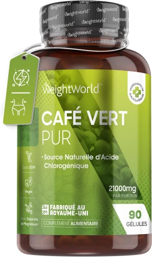 Café Vert Pur Extra Fort - 21 000 mg/Jour - 90 Gélules Vegan (1 Mois) de Caféine Pure - Source d'Acide Chlorogénique, Vitamine B & Magnésium - Cafe Diet à l'Extrait de Café Vert Arabica - Keto