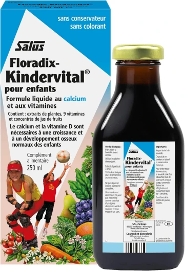 Floradix Kindervital, Pour Enfants, Formule Liquide Enrichie en Calcium et Vitamine D pour la Santé et le Développement des Os, 250 ml